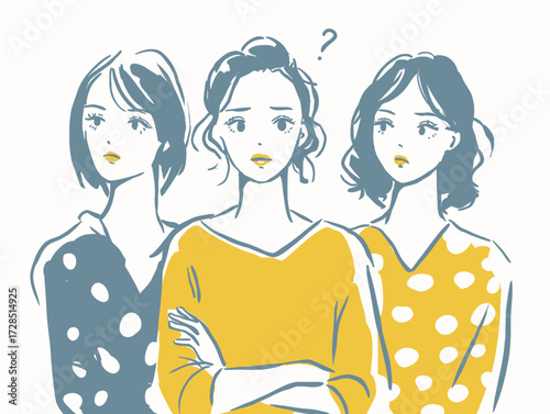 Three women stand together, their expressions reflecting curiosity and surprise. They wear colorful outfits, engaging in conversation about an intriguing topic.