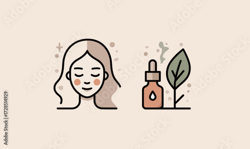 A woman with long, light hair relaxes with closed eyes, alongside a dropper bottle and a green leaf. This represents a natural skincare approach.