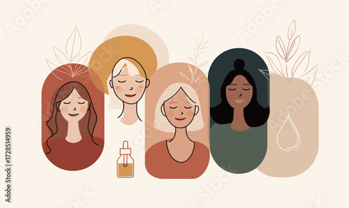 Four women with serene expressions represent self-care and beauty rituals. Each woman embodies a natural aesthetic, promoting wellness through soothing visuals.