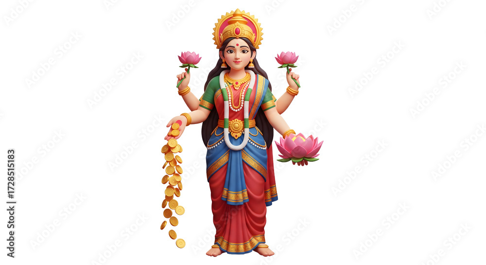 Fototapeta premium Mata Laxmi standing PNG divine Hindu goddess, prosperity and wealth deity, spiritual illustration, Diwali and festive decoration 