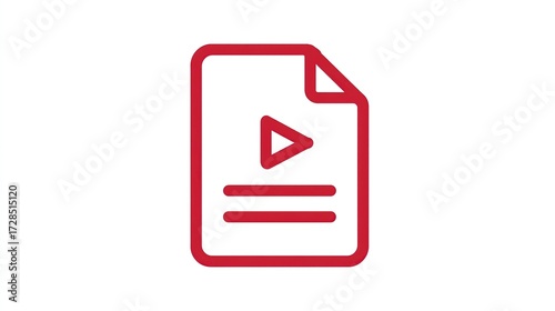 Red video file icon paper, play triangle, and lines against a white background