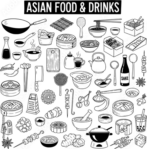 Asian Food  Drinks Doodle: Hand-Drawn Culinary Icons