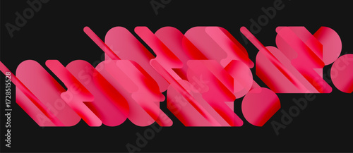 Abstract pink shapes overlap black background. Geometric forms create dynamic composition, suggesting movement, depth. Modern design element.