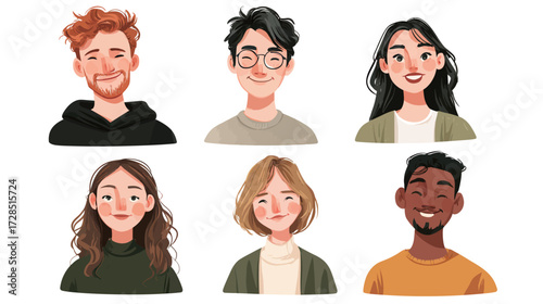 Six young adults are gathered, sharing smiles and positive energy. The group showcases diversity in styles and expressions, creating a warm, friendly atmosphere.