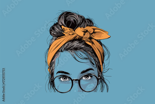 A young woman with a stylish hairstyle wears a bright yellow headband and round glasses. Her expressive eyes contrast beautifully against a blue background.