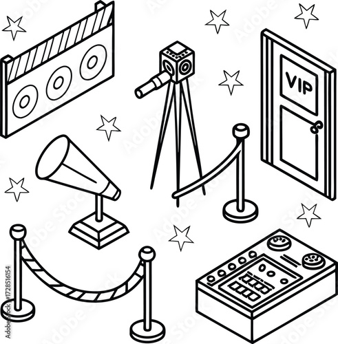 Celebrate Hollywood glamour with VIP access, film clapboard, spotlight, and velvet ropes creating exclusive event vibes.