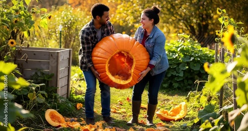 Happy couple carrying a giant hollowed pumpkin in garden on sunny autumn day