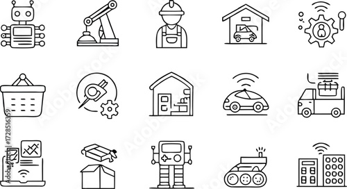 Modern icons depicting automation, robotics, smart homes, industry, and AI innovation for technology concepts