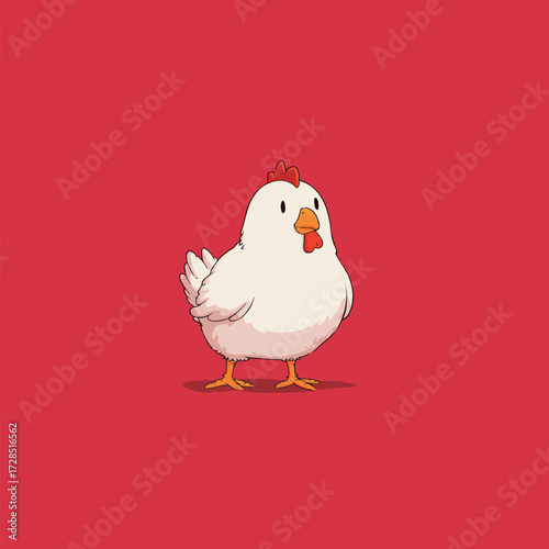 A cheerful cartoon chicken poses on a bright red background, showcasing its fluffy feathers and playful demeanor. This lively design captures a whimsical character.