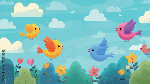 Bright yellow, blue, and pink birds are soaring across a blue sky with fluffy clouds above a colorful meadow filled with blooming flowers and greenery.