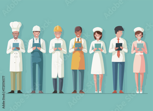 A diverse group of workers stand in a modern office holding tablets. They represent various professions including a chef, engineer, and doctor, showcasing teamwork.