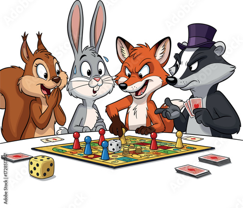 Cute cartoon animals playing a board game together on a white background