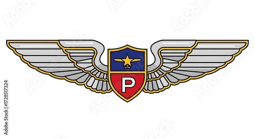 Pilot Wings Emblem with Star and Shield Vector Illustration Isolated on White.