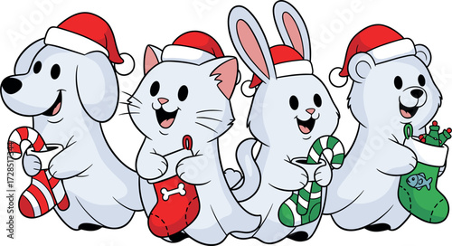 Cute cartoon animals wearing santa hats holding christmas stockings and candy canes