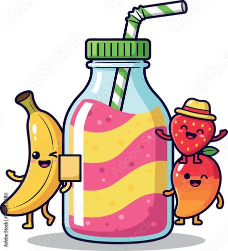 Cute cartoon banana and strawberry characters with a fruit smoothie bottle