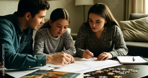 Family bonding time: Father and daughters connecting solving a jigsaw puzzle together indoors