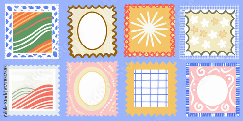 Collection of eight decorative postage stamps with various colorful patterns and empty spaces