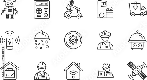 Modern technology icons representing innovation, robotics, smart home, and engineering for futuristic designs and business concepts