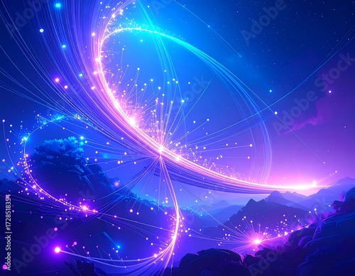 Glowing streaks of light arc over a dark, mountainous landscape under a starry sky