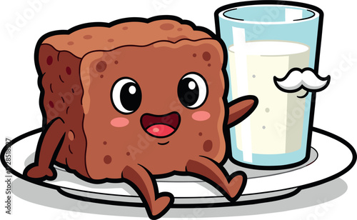 Cute cartoon brownie character sitting next to a glass of milk