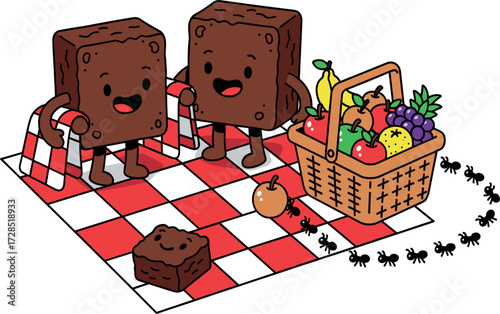 Cute cartoon brownies having a picnic with fruit and ants