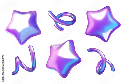 3d stars and curly ribbons purple holographic holiday decorative elements collection isolated on white background. Vector illustration.