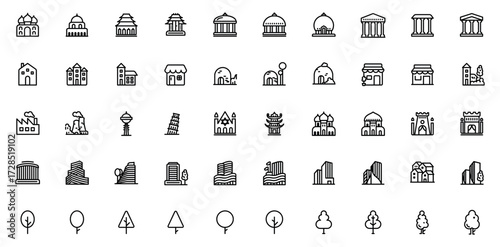 Building, House, Landmark, and Tree Line Icons Set – Editable Stroke Vector Collection