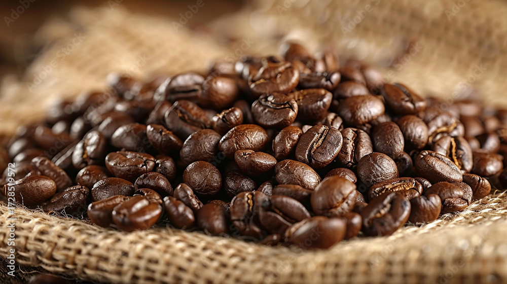 Fototapeta premium Roasted coffee beans piled high on burlap.
