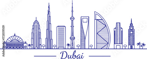 Dubai Skyline Vector Illustration Hand Drawn | Architectural Cityscape Art for Posters, Prints, Branding, Website Design