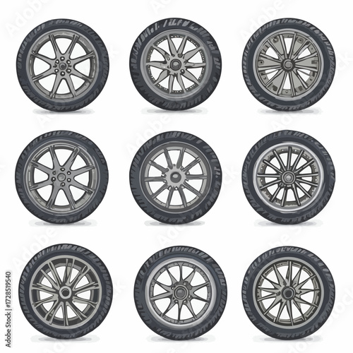 Vector collection of detailed automobile wheels with various modern alloy rim designs and black rubber tires isolated on a white background