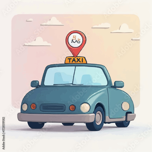 Stylized taxi vehicle with a location pin icon, representing an online transportation and booking service