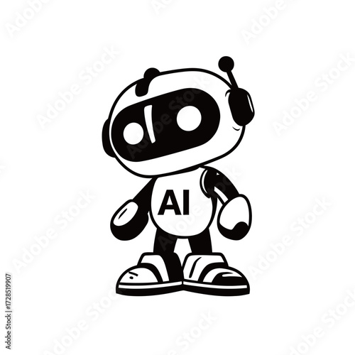 A friendly robot character stands confidently with an AI label on its chest. Its large eyes and casual shoes give it a whimsical and approachable look.