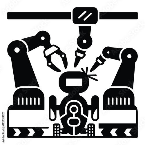 Multi-Robot Welding and Precision Assembly in Automated Manufacturing Glyph Vector. This emphasizes automation, precision engineering, and multi-axis robotics in a demanding industrial manufacturing.