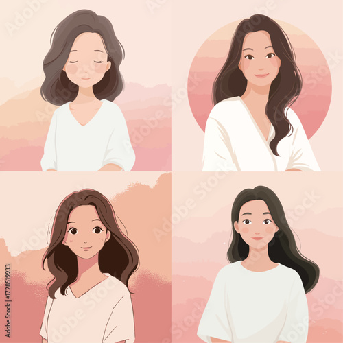 Four portraits of a woman with long hair showing various expressions. The soft pastel background enhances the calm and playful vibe of each illustration.