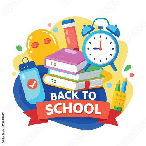 Creative School Banner Design Featuring Pencil, Bag, Books, and Alarm Elements