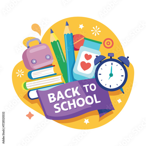 Creative School Banner Design Featuring Pencil, Bag, Books, and Alarm Elements