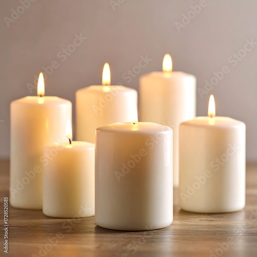 Soft white pillar candles on wooden surface
