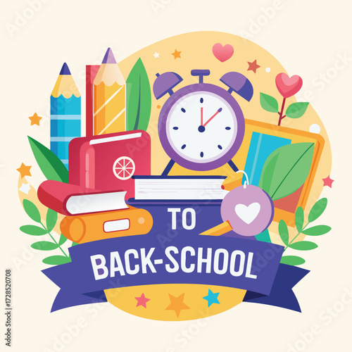 Creative School Banner Design Featuring Pencil, Bag, Books, and Alarm Elements