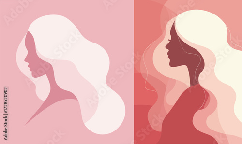 Two elegant profile silhouettes of women showcase flowing hair in contrasting shades. One silhouette is light against a pink background, and the other is dark against red.