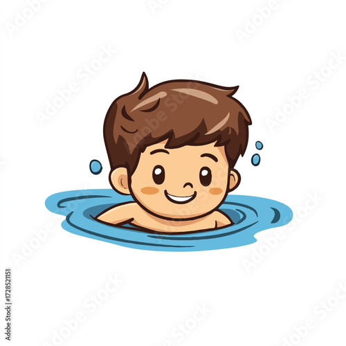 Cute cartoon boy happily swimming in blue water.