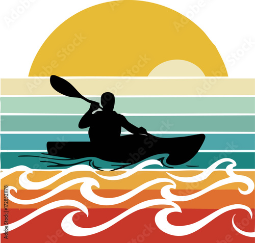 Black silhouette of a person paddling a kayak, a retro-style vector illustration of a water sport activity.