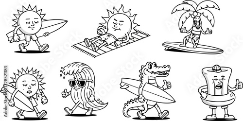Black and White Vintage Cartoon Summer Surfing Mascots Collection: Sun, Palm, Wave, Alligator Characters