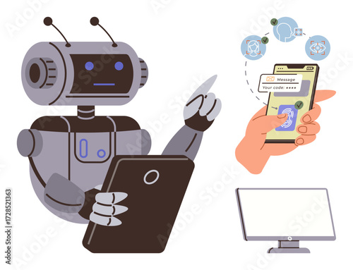 Humanoid robot using a tablet, hand entering security code on smartphone, closed desktop screen, and tech icons. Ideal for AI, automation, cybersecurity, data authentication, tech innovation user