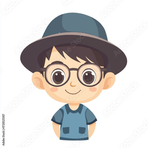 Cute cartoon boy wearing glasses and a hat looking at the camera with a smile