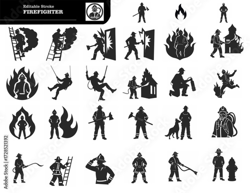 Fire service and firefighter line icon set. Fire extinguisher, siren, fire extinguishing, fire truck, fire escape and crane, hose, hydrant and more. Outline icon in linear style. Vector collection