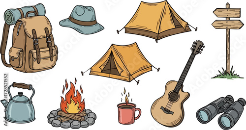 Camping Gear Illustration: Backpack, Tents, Bonfire, Guitar, Binoculars, and More