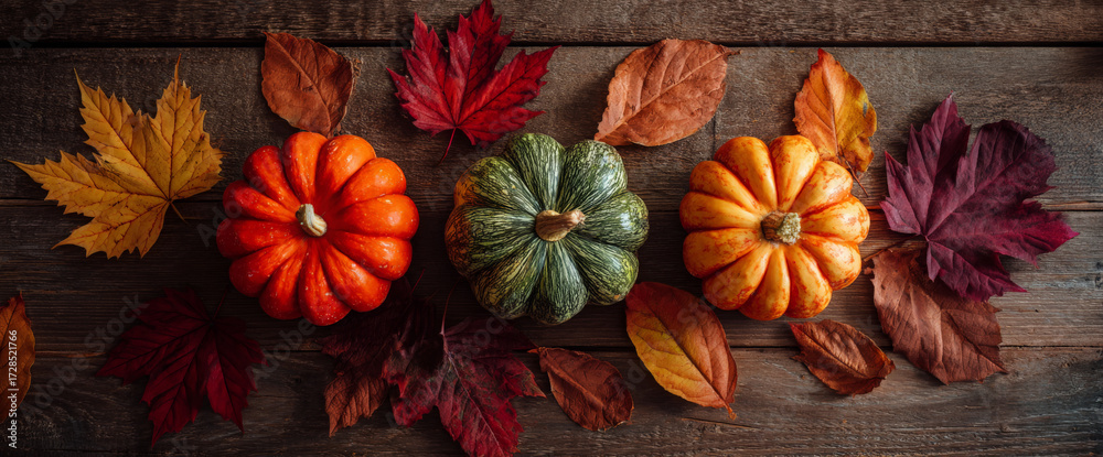 Fototapeta premium A vibrant autumn arrangement featuring three pumpkins in varying colors surrounded by colorful fallen leaves on a rustic wooden surface, ideal for seasonal decor or harvest themes