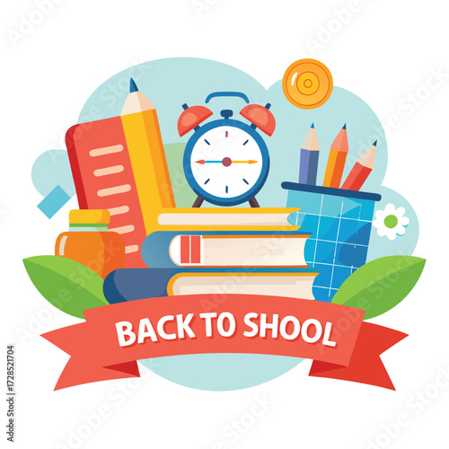 Creative School Banner Design Featuring Pencil, Bag, Books, and Alarm Elements