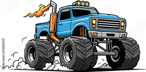 Cartoon Blue Monster Truck with Flames, Big Tires, and Exhaust Pipe.