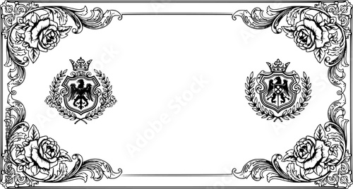 A vintage-style design element featuring a floral pattern corner border frame with a filigree heraldic crest motif

